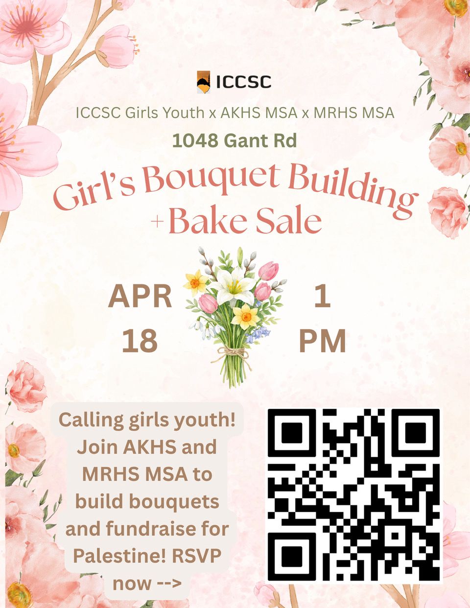 Girls Youth Bouquet Building and Bake Sale flyer - April 18 at 1 PM