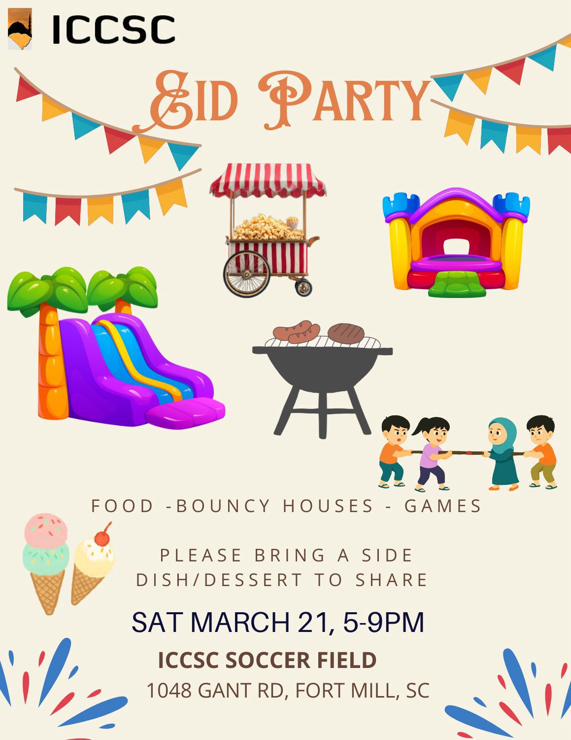 ICCSC Eid Party - Saturday March 21, 5-9PM - ICCSC Soccer Field - Food, Bouncy Houses, Games - Please bring a side dish/dessert to share