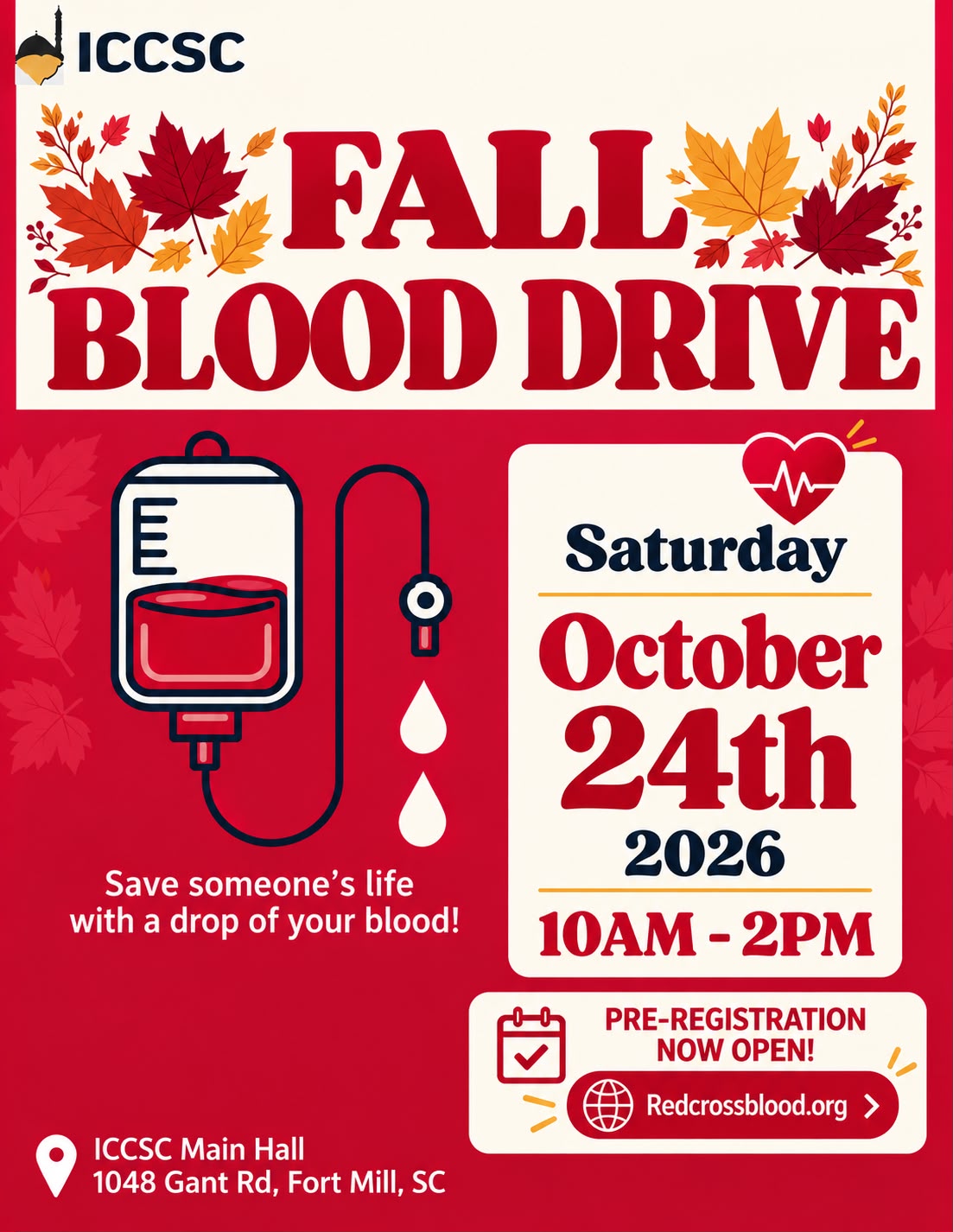 ICCSC Fall Blood Drive flyer — Saturday, October 24, 2026, 10 AM to 2 PM