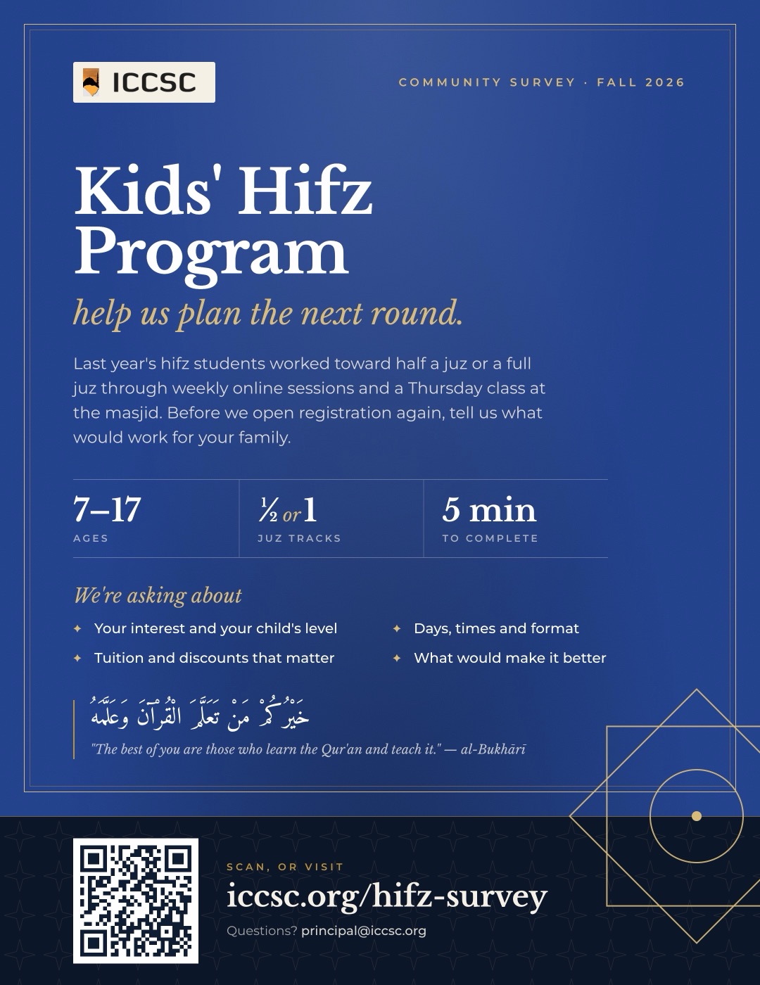 Kids' Hifz Program community survey flyer — Fall 2026, children ages 7 to 17, scan or visit iccsc.org/hifz-survey