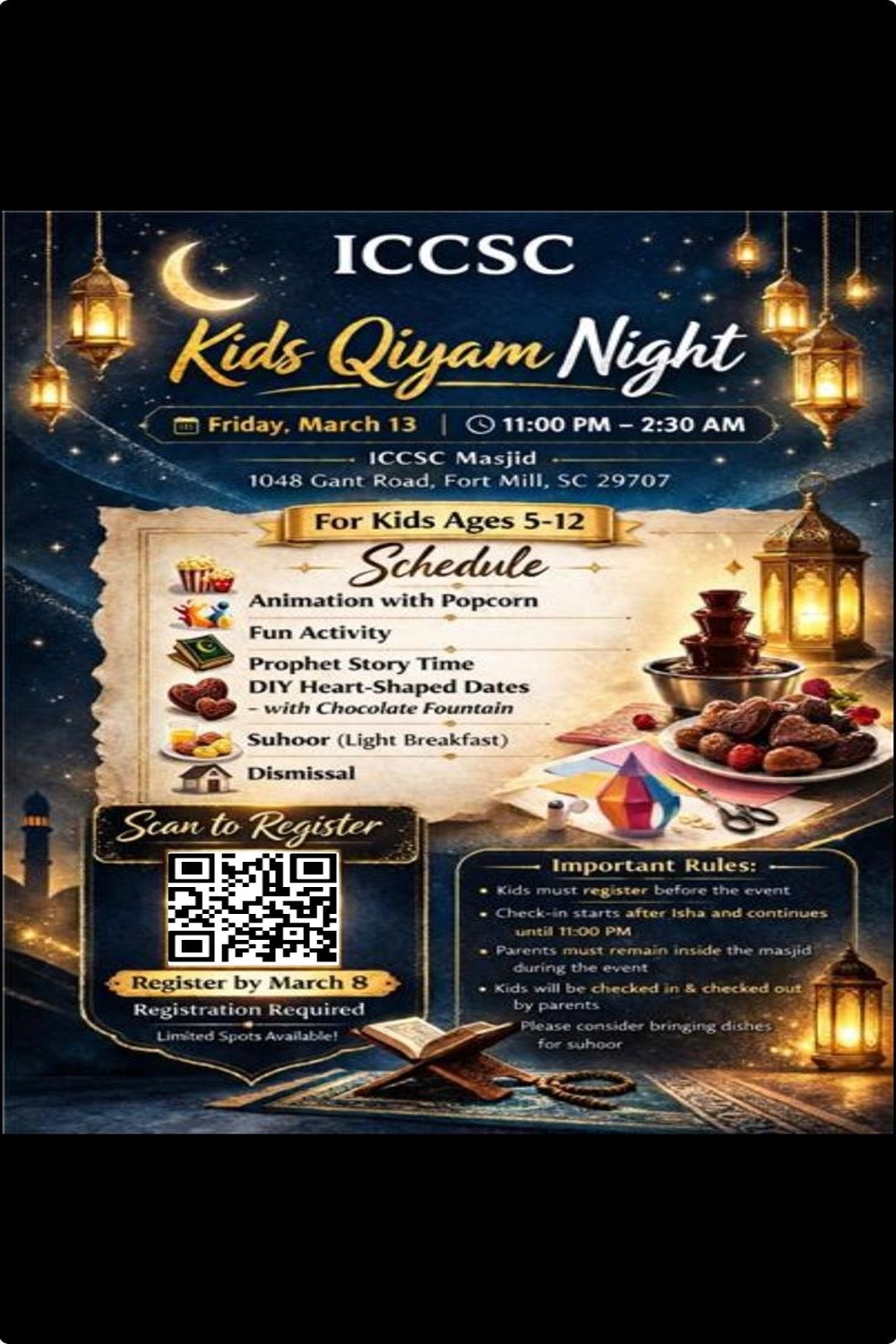 ICCSC Kids Qiyam Night - Friday March 13 - 11:00 PM to 2:30 AM - For Kids Ages 5-12 - Register by March 8