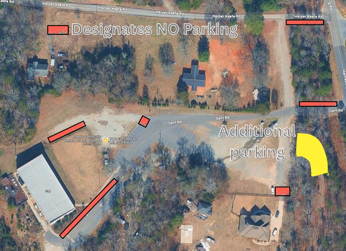 ICCSC Parking Map - Red areas indicate no parking, Yellow areas indicate overflow parking