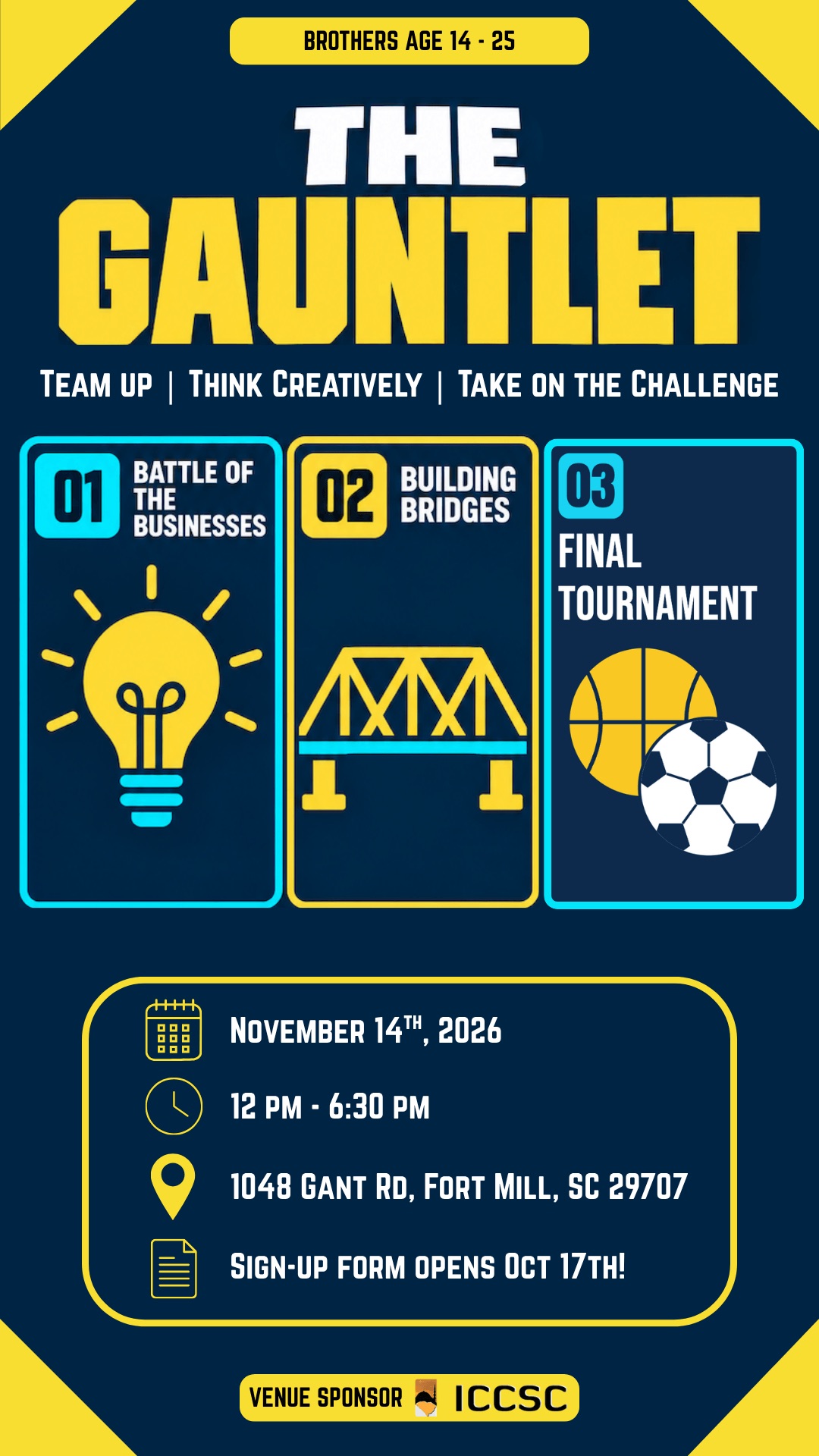 The Gauntlet flyer — brothers ages 14 to 25, November 14, 2026, 12 PM to 6:30 PM