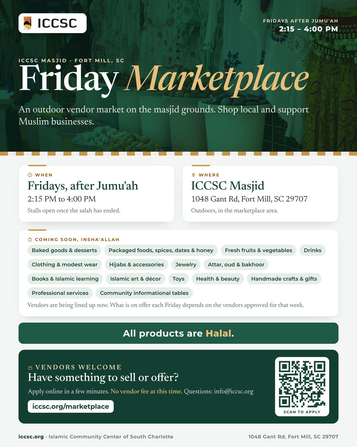 ICCSC Friday Marketplace flyer — an outdoor vendor market on the masjid grounds, Fridays after Jumu'ah from 2:15 to 4:00 PM. Vendors apply at iccsc.org/marketplace