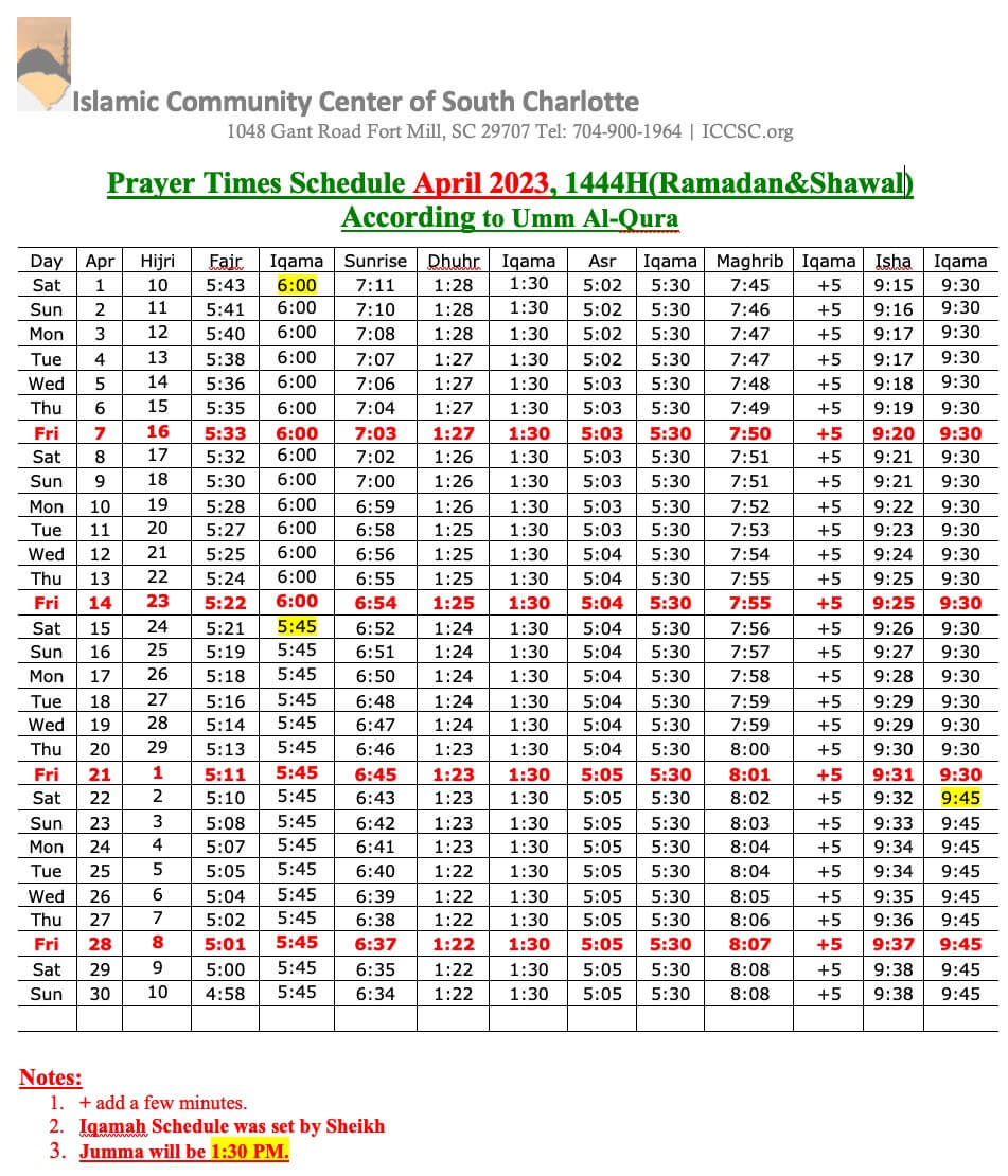 Charlotte Prayer Times